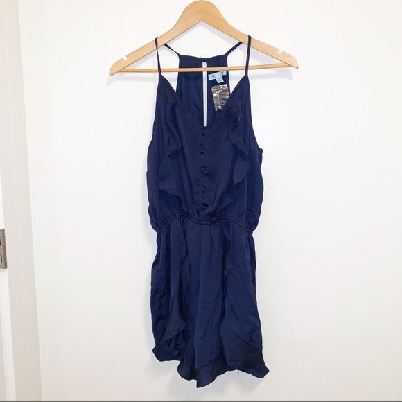 She +Sky "Luna" Satin Button Cami Ruffle Romper-S - Picture 4 of 8